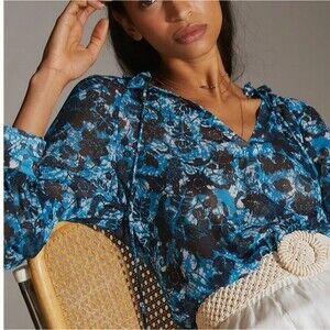 Anthropologie Sheer Floral Printed Peasant Blouse
